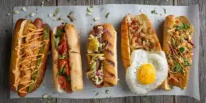 Variety of gourmet hot dogs with toppings on tray