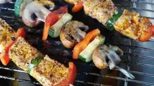 Grilled tofu and vegetable skewers on BBQ