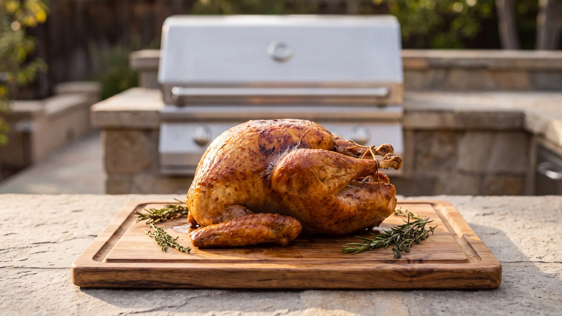 Whole roast turkey resting on a carving board beside a covered gas grill