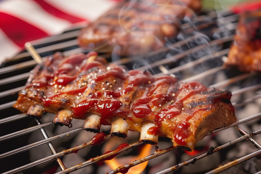 Barbecued ribs with sauce on a grill