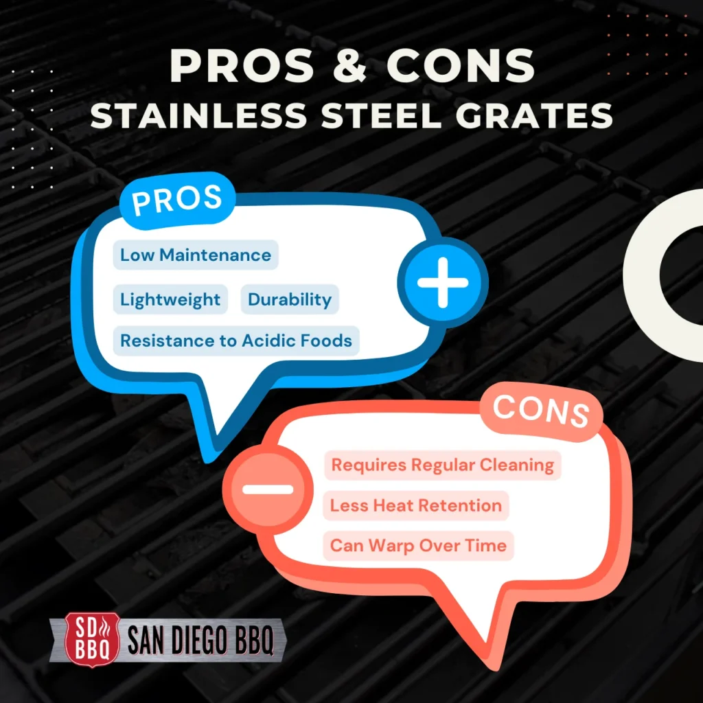 Benefits and drawbacks of stainless steel grill grates, with emphasis on their low maintenance and durability but also noting issues with heat retention and potential warping.