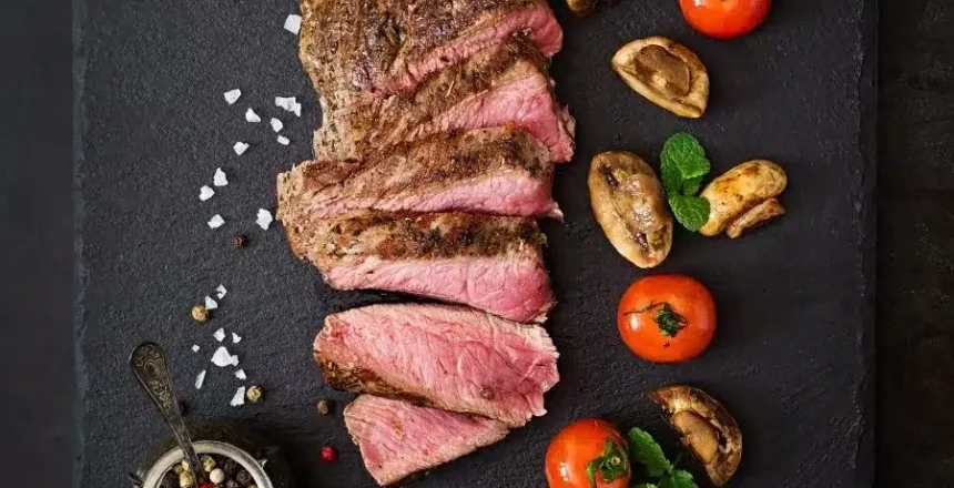 Sliced medium-rare steak with tomatoes and mushrooms