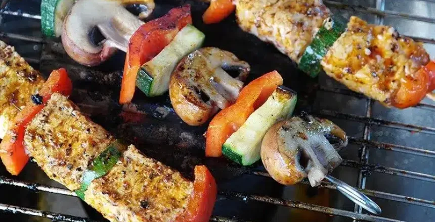 Grilled tofu and vegetable skewers on BBQ