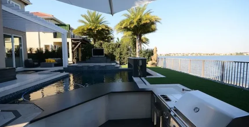 Luxury backyard with pool and built-in BBQ grill