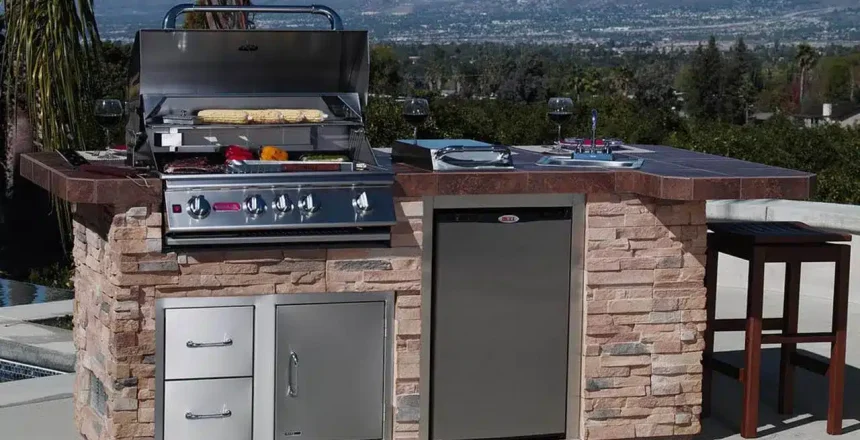 Stone island BBQ grill with mountain view