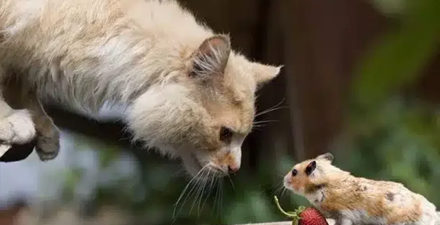 Curious cat meeting a hamster outdoors