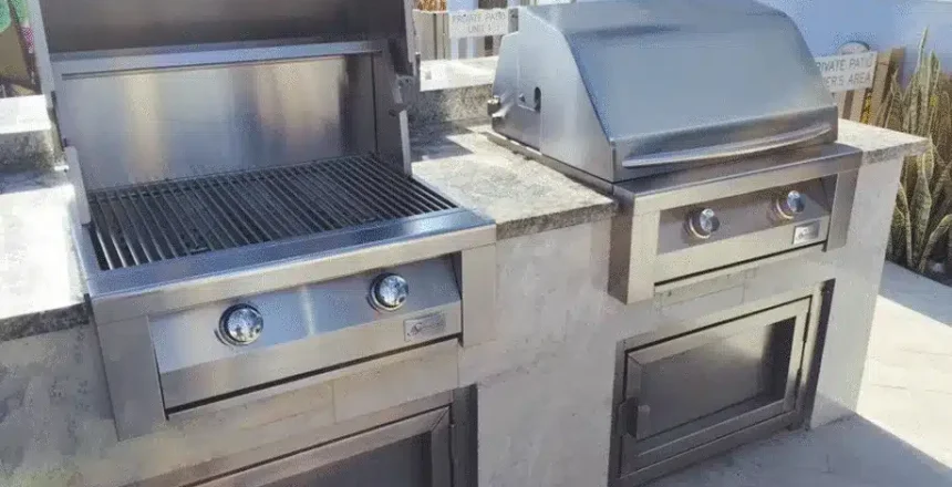 Outdoor BBQ grill and kitchen with stainless steel finish